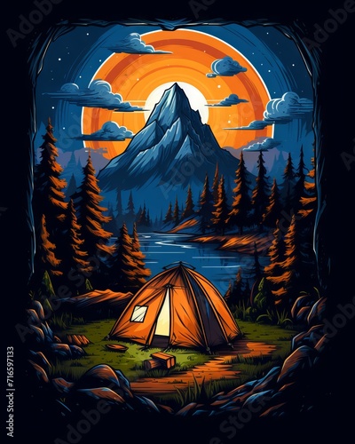 Camping and outdoor adventure t-shirt design bundle with vector illustrations of tents, mountains, and campfires