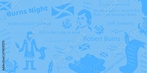 Background Robert Burns with Elements. Scottish poet, folklorist, author of numerous poems and poems. Robert Burns Elements on Blue Background. Vector illustration.