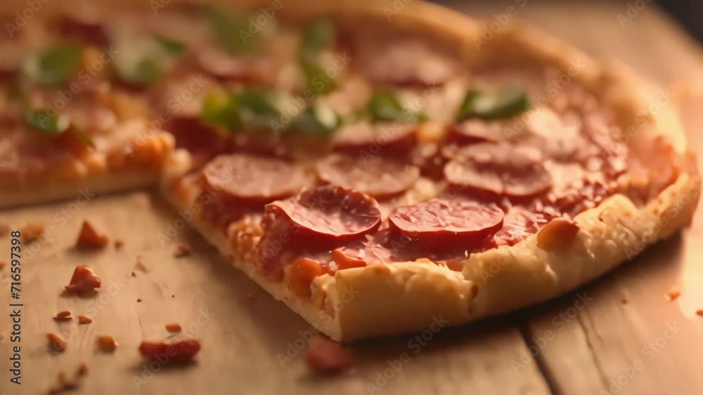 Pepperoni pizza with an appetizing crust and salami sausage rings in macro mode. Generative AI Pepperoni pizza with an appetizing crust and salami sausage rings in macro mode. Generative AI