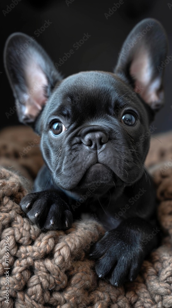 Close-up portrait of a black French Bulldog puppy with alert ears and soulful eyes, nestled on a chunky knit blanket
