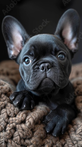 Close-up portrait of a black French Bulldog puppy with alert ears and soulful eyes, nestled on a chunky knit blanket © Luiri Art
