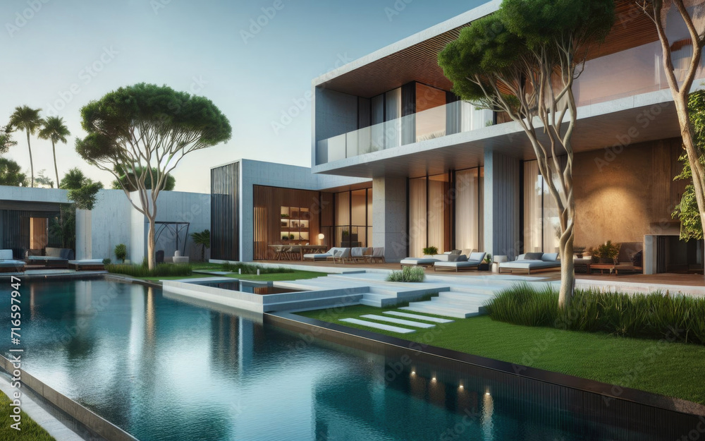Modern luxury villa with a swimming pool surrounded by trees.