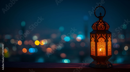 Islamic lantern with night sky and city bokeh light background.