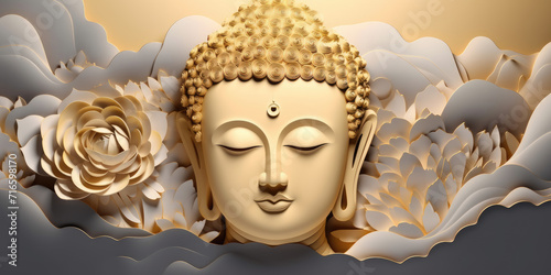 glowing golden buddha face with 3d paper cut clouds flowers, nature background, lotuses, heaven light