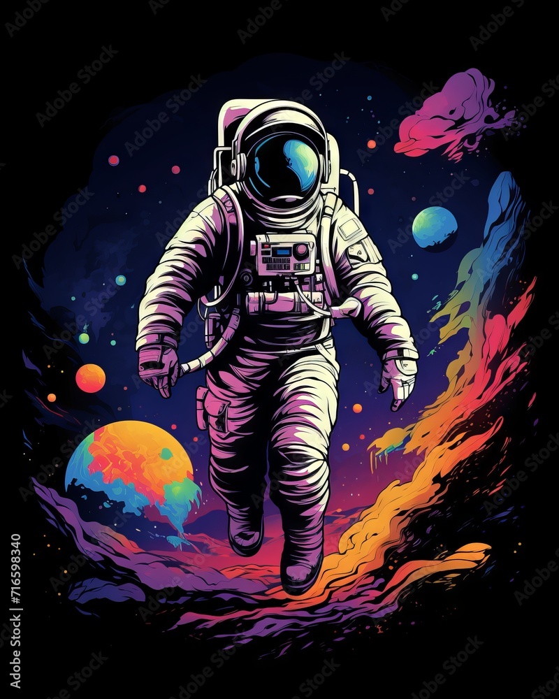 Astronaut lost in galaxy: a Japanese-style vector t-shirt design with warm colors and solid shapes