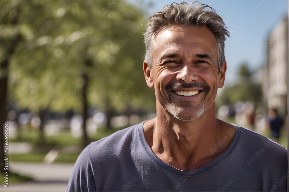 Portrait of a middle-aged man smiling with happiness standing outdoors in a park Portrait of a middle-aged man smiling with happiness standing outdoors in a park