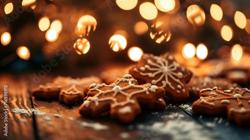 Scene of gingerbread cookies placed on a wooden table against the Christmas lights. Created with Generative Ai technology.