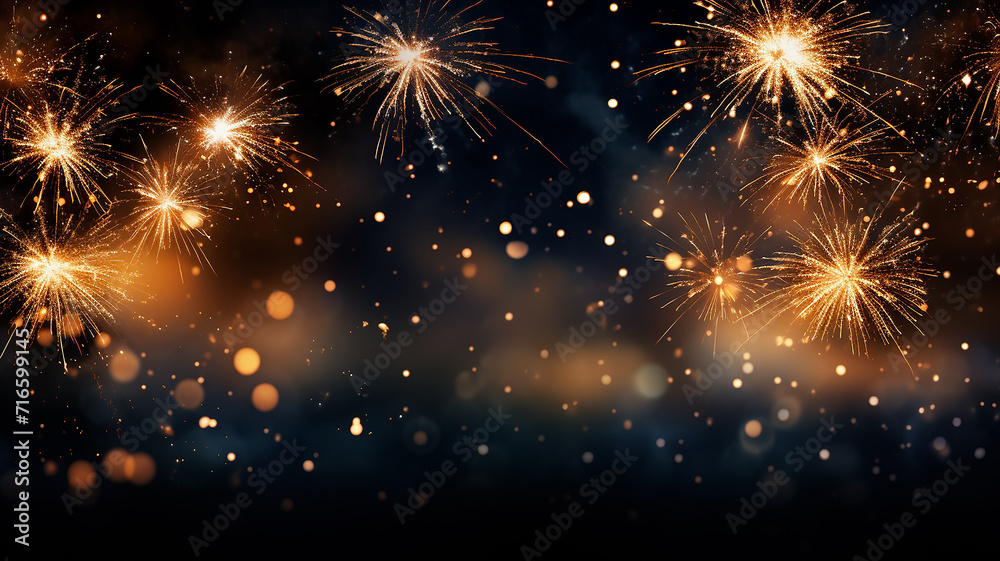 Naklejka premium Golden fireworks isolated layer on black background, night festive view abstract