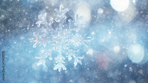 big snowflake on the window, abstract art winter background christmas greeting form, seasonal cooling climate change
