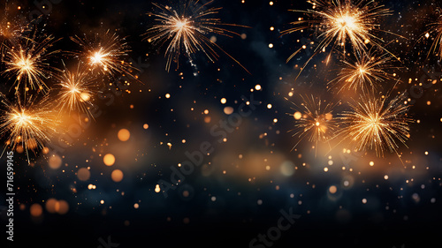 Golden fireworks isolated layer on black background  night festive view abstract