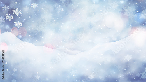 winter postcard blank form watercolor drawing, landscape in blue tones, covered with snow, snowfall in light blue tones abstract blurred background