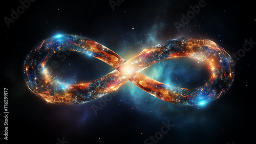 glowing multicolored infinity symbol galaxy black cosmos, singularity sign isolated on background photo