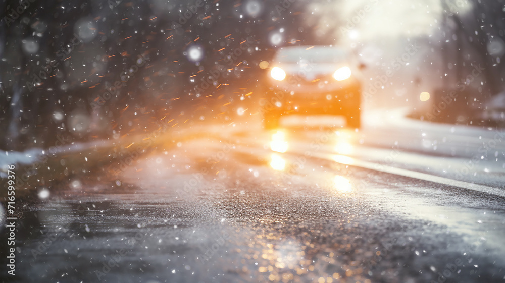 Fototapeta premium blizzard on the road, dangerous snowfall on the highway car in poor visibility, fog in winter bad weather, blurred background