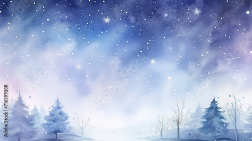 watercolor landscape winter, snow, snowfall view with copy space, empty banner, postcard for the new year