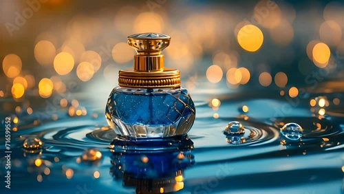 Elegant perfume bottle on water. Luxury, elegance and cosmetics concept. photo