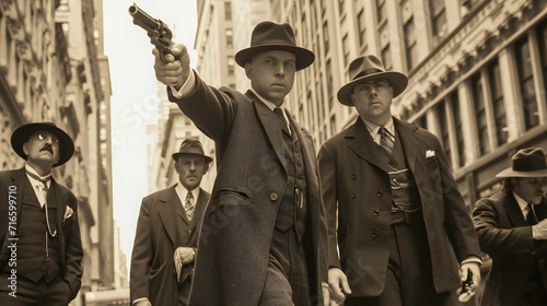 A group of 1920s armed gangsters on the street