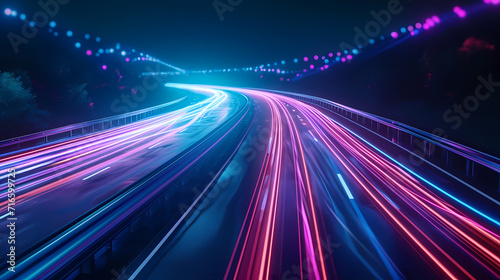High-Speed Data Concept. Neon Trails Along Digital Road