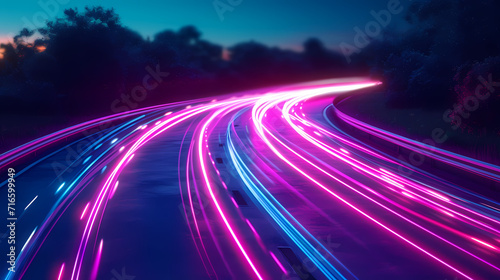 High-Speed Data Concept. Neon Trails Along Digital Road photo