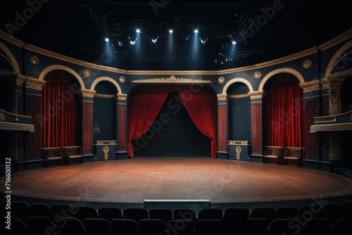 empty stage, bright red spotlights. start of the show. theater, concert hall