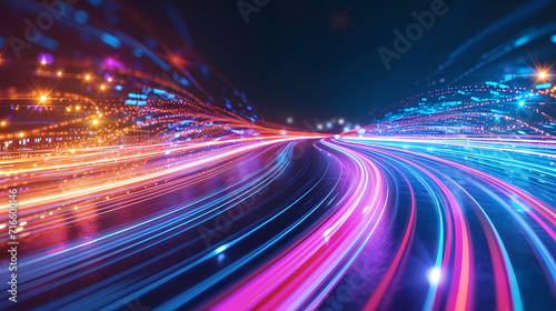 Neon Light Trails on Abstract Road Depicting Data Transfer Speed