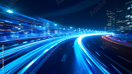Data Highway. Abstract Road Illuminated by Blue Digital Light Trails