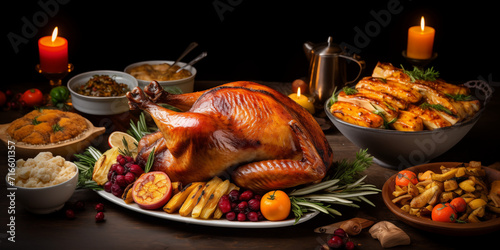 Thanksgiving grilled chicken With Fruits And Vegetables and dishes complementing the main dish on a wooden dining table dark background 