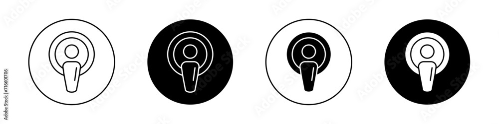 Podcast icon set. Transparent pod microphone vector symbol in a black filled and outlined style. Line audience pod sign. - obrazy, fototapety, plakaty 