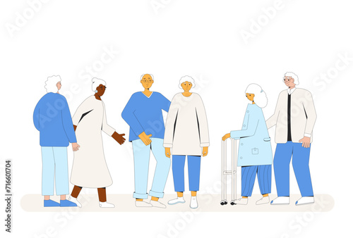 Tree couples of senior people isolated on white background. Elderly friends standing together and have a conversation.