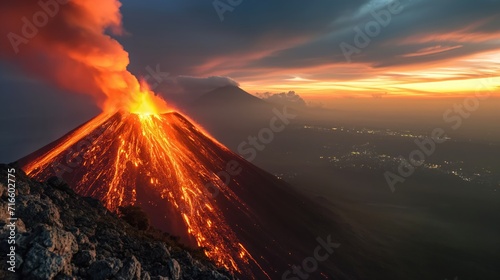 The volcano erupts in the evening