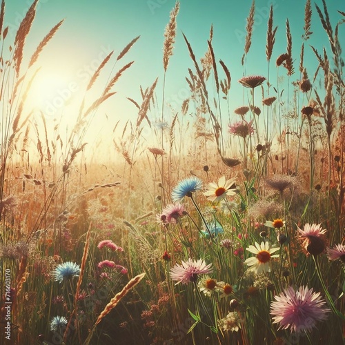 Summer Field Wallpaper with copy-space. Nature Scene with Long Grass, Wild Flowers and Clear Blue Sky.