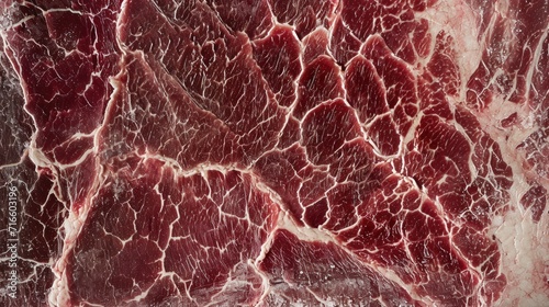 Background or texture of a detailed close-up showcasing the rich marbling of raw beef, with visible fat veins and seasoning