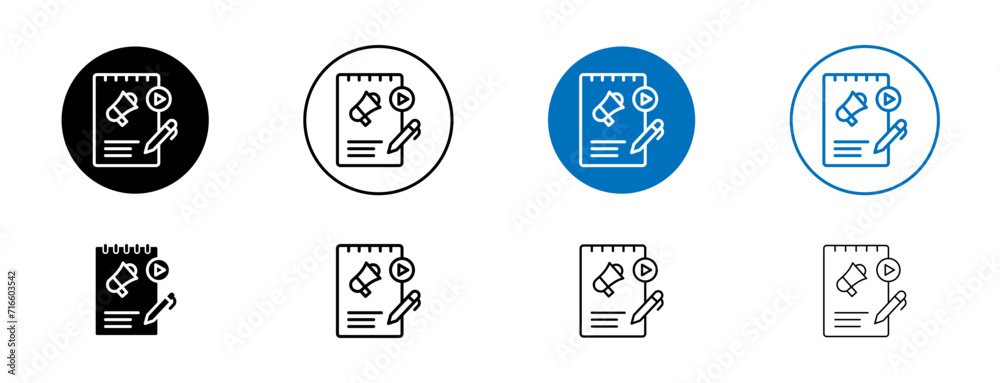 Content Marketing Line Icon Set. Advertising notepad, article, and blogging megaphone writing design symbol in black and blue color.