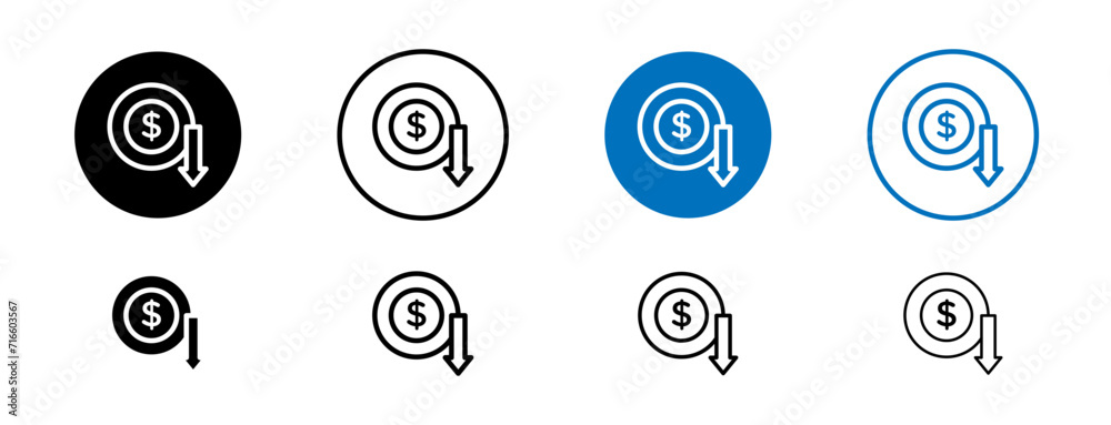 Lower Cost Line Icon Set. Reduce price, loss money maintenance symbol in black and blue color.