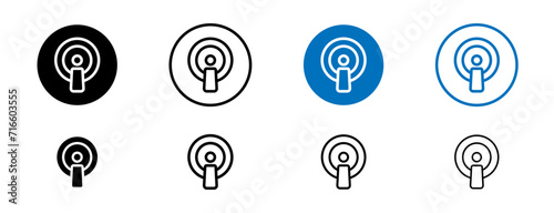 Podcast Line Icon Set. Transparent pod microphone and line audience pod symbol in black and blue color. photo