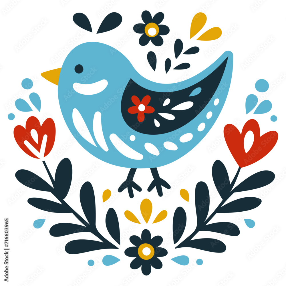 Fototapeta premium Blue Bird with Flowers Illustration.