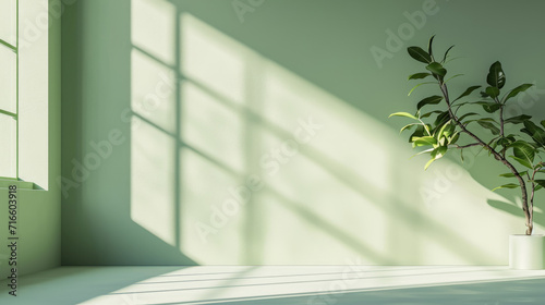 Empty room with minimalist pistachio green wall background with sun shadow for product presentation