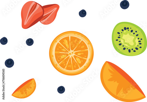 Sliced fruits collection with oranges, kiwi, strawberries. Juicy citrus and fresh berries design elements. Healthy eating and nutrition vector illustration.