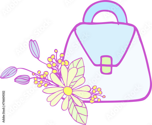 Composition of isolated cartoon, cute flowers, blades of grass, leaves and other graphic elements of bright colors with a lilac outline on a white background. Digital illustration is suitable for scra © Виктория Юрьевна
