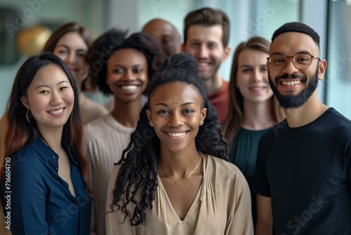 diverse group of employees posing for a professional corporate portrait, modern office © World of AI