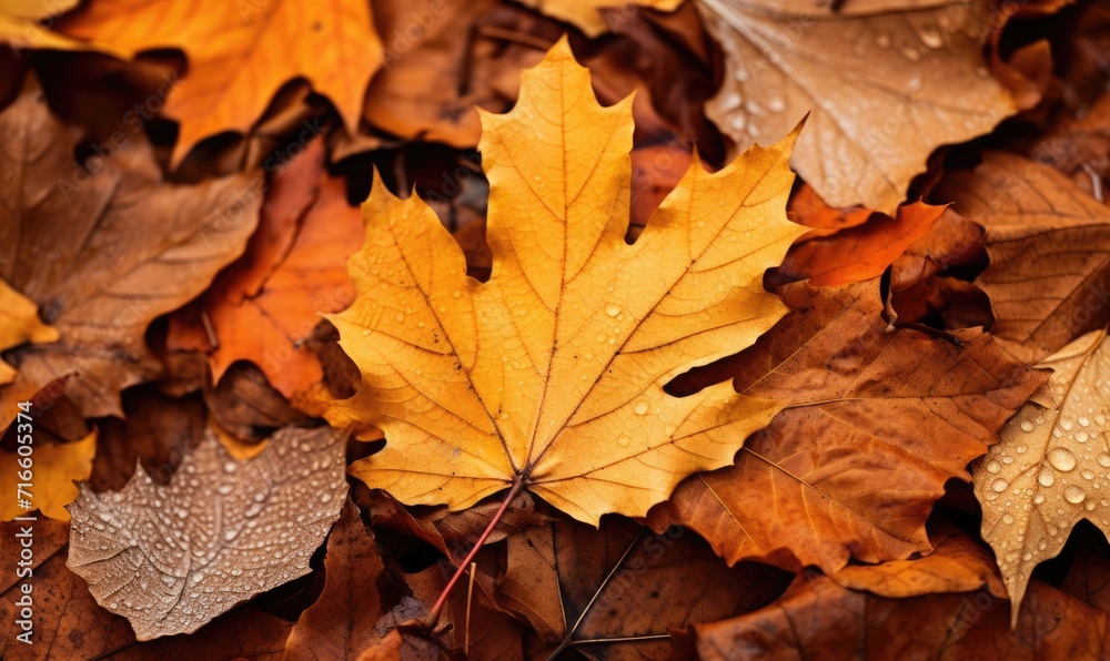 Colorful leaves are scattered around on the ground, large scale, top view, detailed texture. Autumn wallpaper.