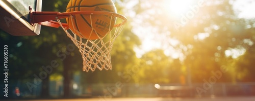 The basket ball falls into the basketball hoop. © Daniela