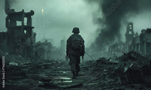 A soldier walks alone through a bombed-out country at war. National conflict army concept. Defend country.