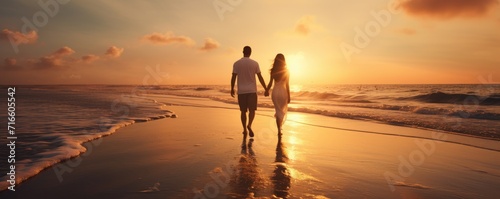 Romantic couple holding hands walking on a beach at sunset .