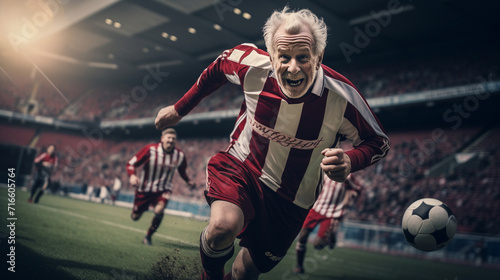An elderly man is playing soccer, generative AI