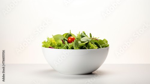 A white plate of diet salad on a white background, generative AI