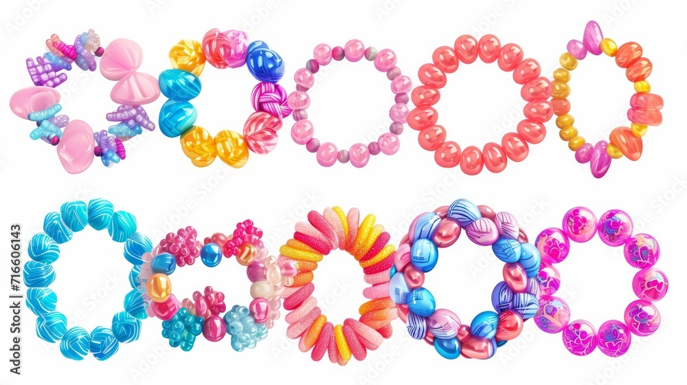 Collection of vector jewelry and children's ornaments. Bracelet made of handmade plastic beads. Set of bright colorful braided bracelets with words from the letters love, friends, sweet, baby, happy Collection of vector jewelry and children's ornaments. Bracelet made of handmade plastic beads. Set of bright colorful braided bracelets with words from the letters love, friends, sweet, baby, happy
