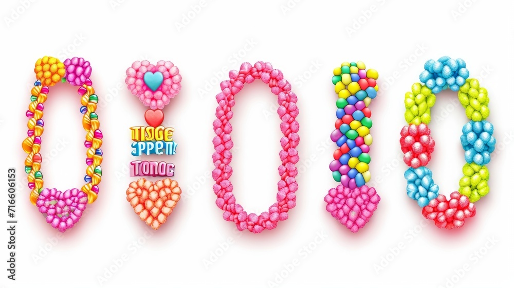 Collection of vector jewelry and children's ornaments. Bracelet made of handmade plastic beads. Set of bright colorful braided bracelets with words from the letters love, friends, sweet, baby, happy Collection of vector jewelry and children's ornaments. Bracelet made of handmade plastic beads. Set of bright colorful braided bracelets with words from the letters love, friends, sweet, baby, happy