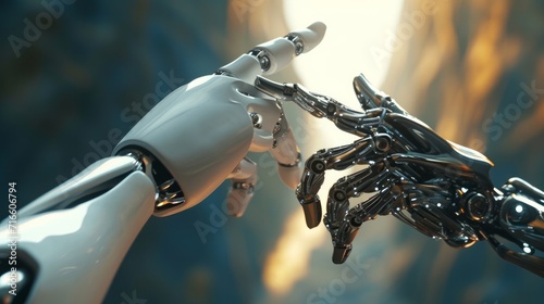 Futuristic Robot Arm Touches Human Hand in Humanity and Artificial Intelligence Unifying Gesture. Conscious Technology Meets Humanity