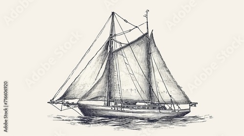 Hand Drawn Engraving Pen and Ink Yacht Sailboat Vintage Vector Illustration