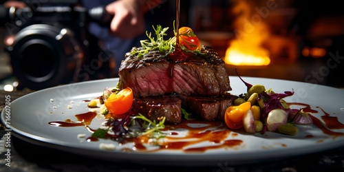 Gourmet grilled steak on plate with vegetables and garnish, cozy restaurant ambiance. culinary delight for a foodie. AI